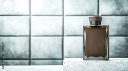 A dark, square glass bottle with a wood stopper sits on a white stone against a square tiled wall
