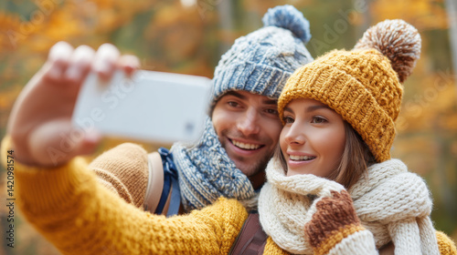 Cozy couple taking selfie in autumn, wearing warm hats and scarves, surrounded by colorful fall foliage, capturing joyful moment together