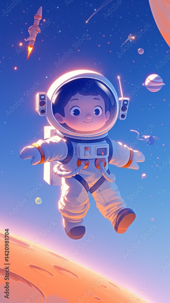 Naklejka premium Astronaut Child in Space with Planets and Stars