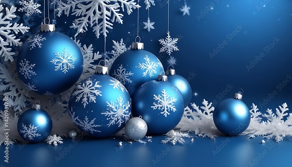 Blue and white Christmas ornament display with snowflakes Blue and white Christmas ornament display with snowflakes