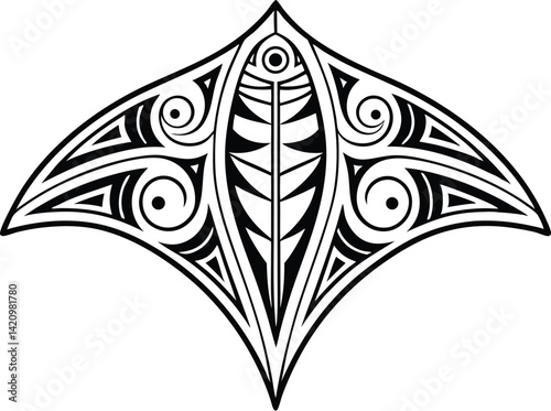 Tribal Manta Ray Tattoo Design – Polynesian Inspired Symmetrical Line Art with Oceanic Motifs, Cultural Patterns, and Intricate Blackwork Detailing