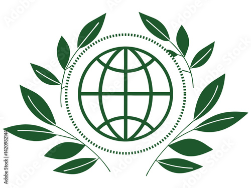 Green Globe Icon with Leaves Eco Symbol Vector Illustration. globe, leaves, eco, green, symbol, earth, nature, icon, planet, environment