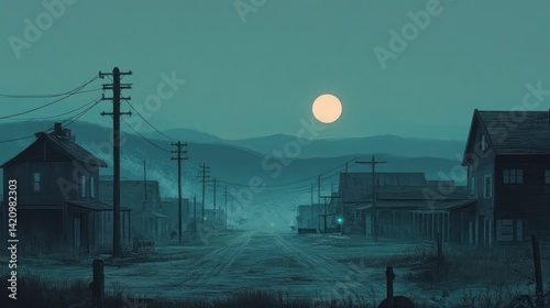 Eerie moonlight illuminates a desolate western town, casting long shadows and a spectral glow