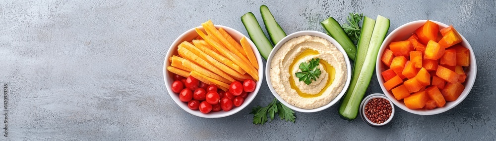 A vibrant arrangement of fresh vegetables and dips, featuring carrots, cucumbers, tomatoes, and hummus, perfect for healthy snacking. A vibrant arrangement of fresh vegetables and dips, featuring carrots, cucumbers, tomatoes, and hummus, perfect for healthy snacking.