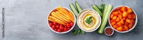 A vibrant arrangement of fresh vegetables and dips, featuring carrots, cucumbers, tomatoes, and hummus, perfect for healthy snacking.