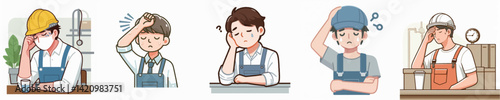 Set Vector of a tired factory worker, simple minimalist and flatdesign white background