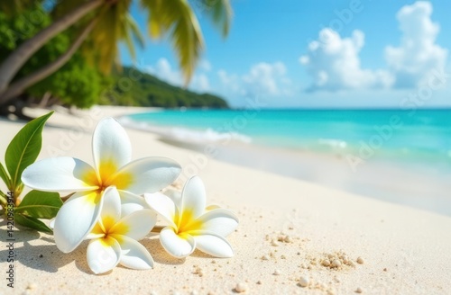 Tropical beach with white plumeria flowers and turquoise ocean