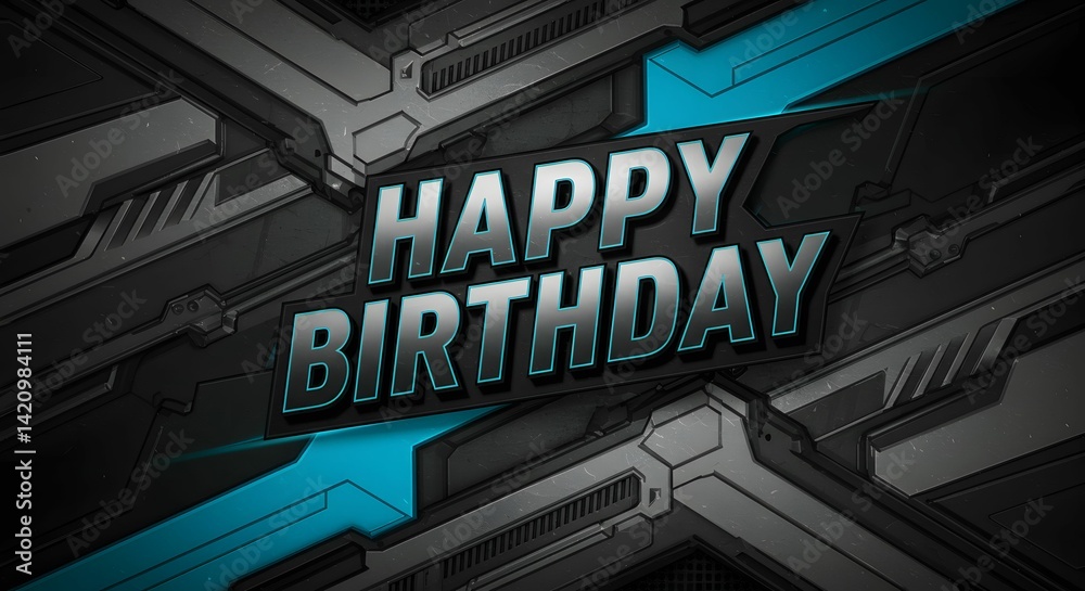 Fototapeta premium Futuristic Happy Birthday Design with Mechanical and Tech Elements