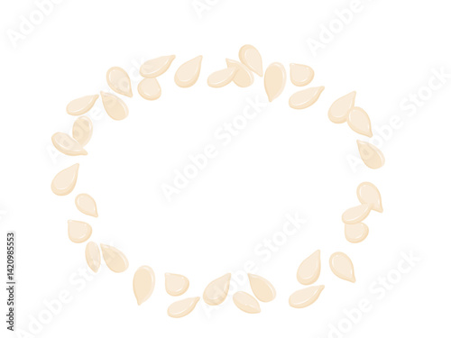 Top view of white sesame seeds forming a circular frame border as they scatter over the cut out background, flat vector.