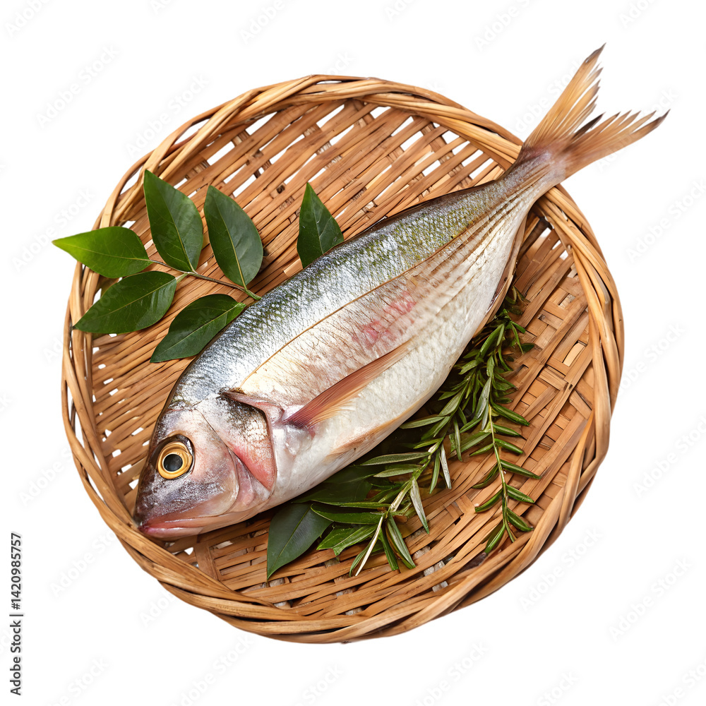 Fresh Fish on Bamboo Plate: Recipe Inspiration on transparent background Fresh Fish on Bamboo Plate: Recipe Inspiration on transparent background