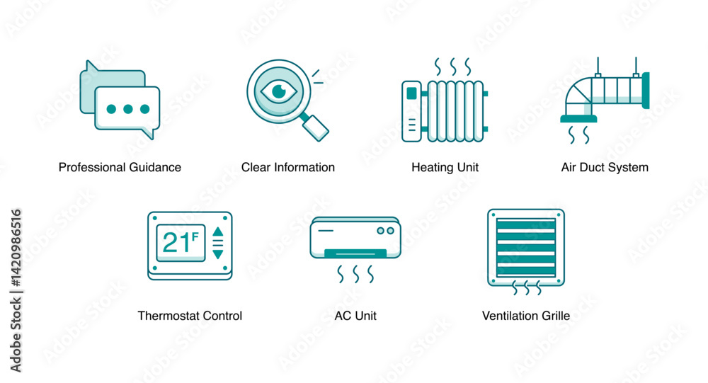 HVAC System Icons. AC Unit, Heating Unit, Thermostat Control, Air Duct System, Ventilation Grille, Clear Information, Professional Guidance HVAC System Icons. AC Unit, Heating Unit, Thermostat Control, Air Duct System, Ventilation Grille, Clear Information, Professional Guidance