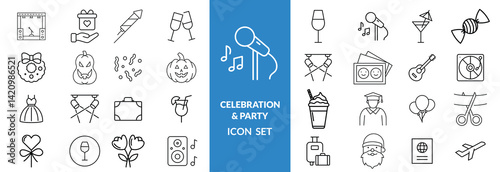 Wedding icon set. Celebration related icons: marriage, party, love, rings, wedding car, Church, ceremony, photo, dinner, bouquet, tuxedo, dress and more. Editable line icons. Vector illustration.