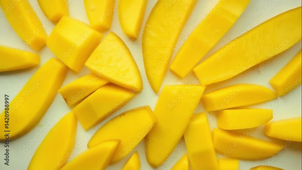 Soft panning video across mango slices arranged geometrically, cinematic motion