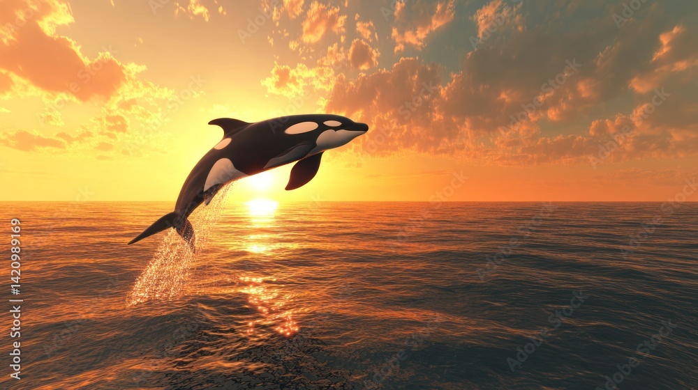 Fototapeta premium Orca leaping sunset ocean wildlife nature (1)