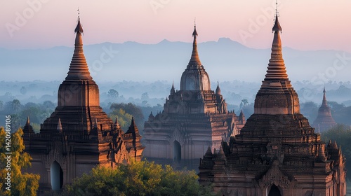 Myanmar temples sunrise mist landscape travel