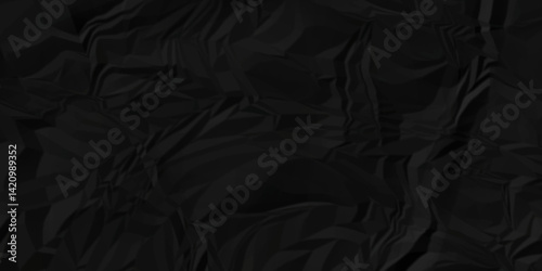 Crumple black obsolete billboard rumple. wrinkle ripped creased black crumple aged closeup craft document grunge recycling paper background.	
