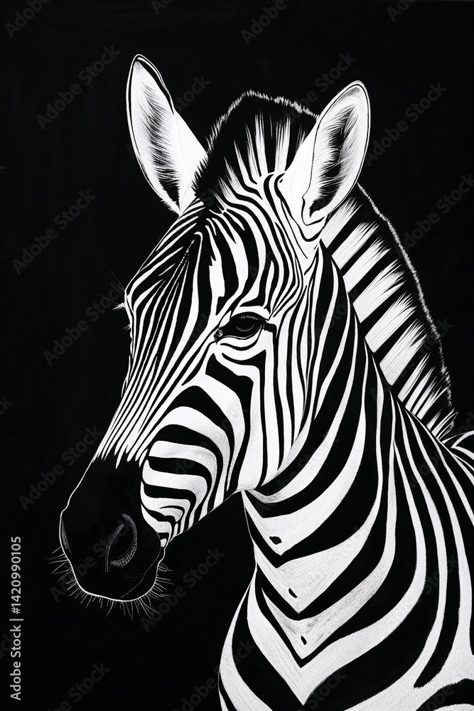 Fototapeta premium Realistic black and white zebra portrait on a dark background