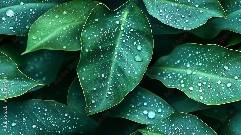 Obraz premium Lush seamless pattern featuring vibrant banana leaves with droplets of water in a natural setting