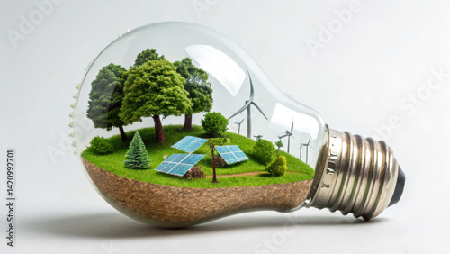light bulb filled with miniature green world showcases trees, solar panels, and wind turbines, symbolizing sustainability and eco friendliness. This creative concept highlights importance