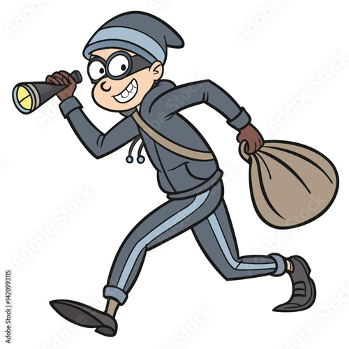 Thief robbed money and carrying in bag. Cartoon thief robber character pose. A thief with a stolen bag of money VECTOR ILLUSTRATION