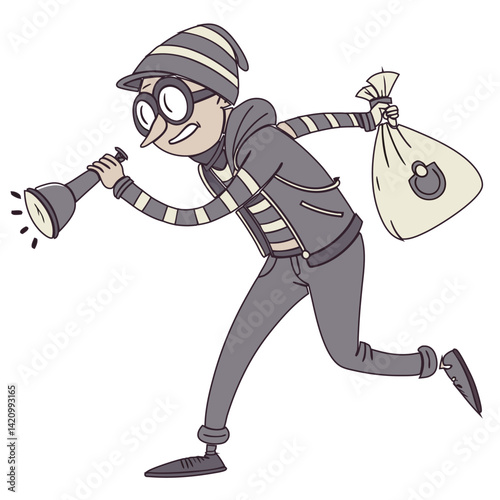 Thief robbed money and carrying in bag. Cartoon thief robber character pose. A thief with a stolen bag of money VECTOR ILLUSTRATION