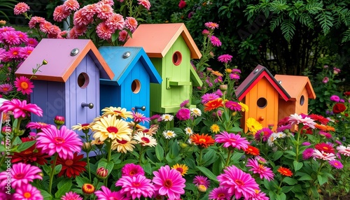 Vibrant birdhouses nestled amongst blooming flowers in a Sammamish, WA garden, decoration, painted
