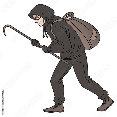 Thief robbed money and carrying in bag. Cartoon thief robber character pose. A thief with a stolen bag of money VECTOR ILLUSTRATION