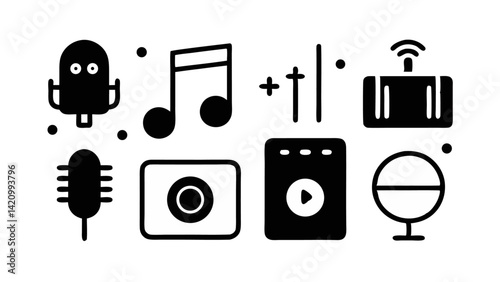 Audio line editable icons set with vector illustrations of music, sound equipment, headphones, and multimedia features ideal for tech, music, or podcast projects