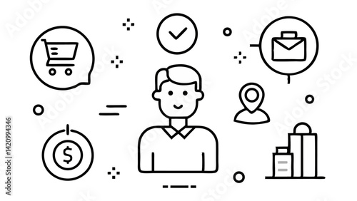 B2C editable line vector icons set including customer shopping, product buying, and eCommerce elements designed for business to consumer marketing visuals