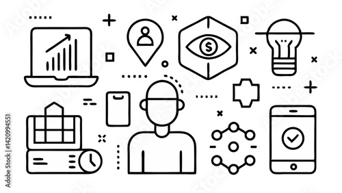 Barcode editable line icon vector set featuring scanner, product codes, and tracking visuals perfect for logistics, inventory, and retail business applications