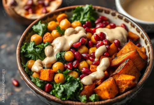 Vibrant kale & chickpea bowl, roasted sweet potato, pomegranate seeds, tahini dressing, food, dressing photo