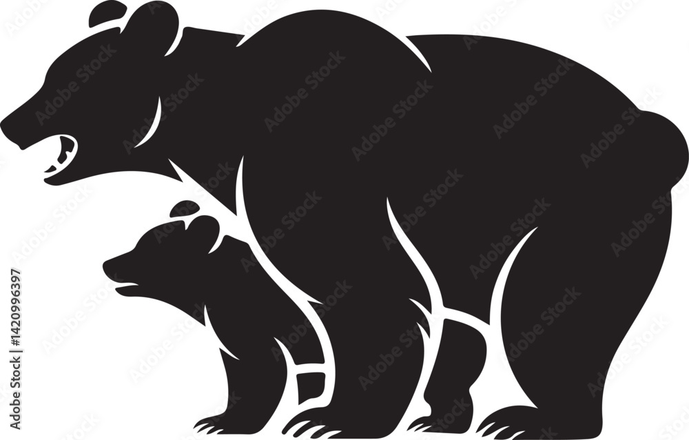 Obraz premium Vector illustration of a silhouetted mother bear and cub