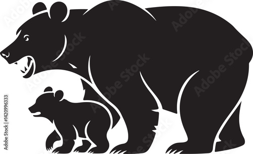 Vector illustration of a silhouetted mother bear and cub