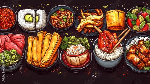 Wallpaper Mural Illustration depicts an assortment of appetizing international dishes Torontodigital.ca