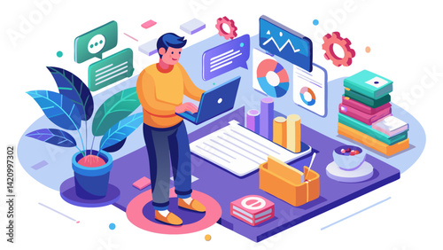 A focused character is engaged in content creation while analyzing data with artificial intelligence tools to boost engagement and streamline media production tasks.