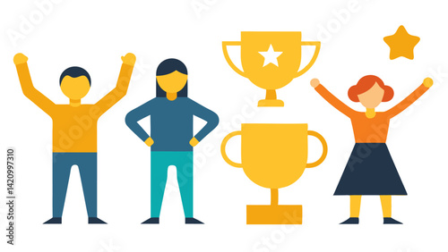 A group of characters is joyfully celebrating a major achievement near a golden award trophy to mark their success and dedication in a competitive creative field.