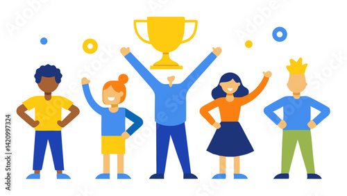 Energetic characters are shown celebrating a victory near a prestigious gold award symbolizing their accomplishment and teamwork in a competitive professional space.