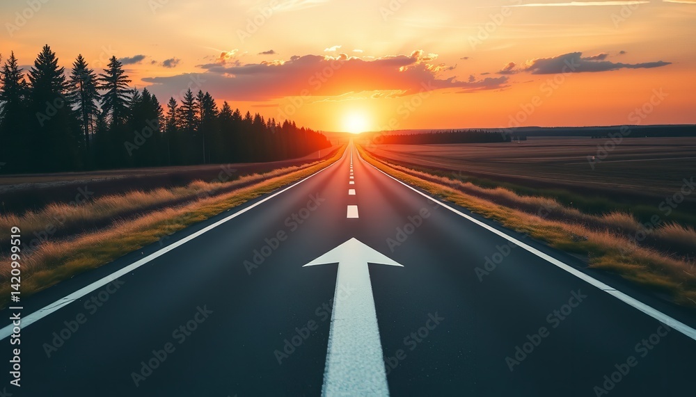 Naklejka premium Asphalt Road to Success Sunset Journey Ahead Travel Destination Forward way sky path open hope goal