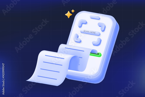 3D illustration vector, mobile receipt scanner. SEO digital receipt mobile, QR code scanner and paperless billing, modern payment or shopping app content