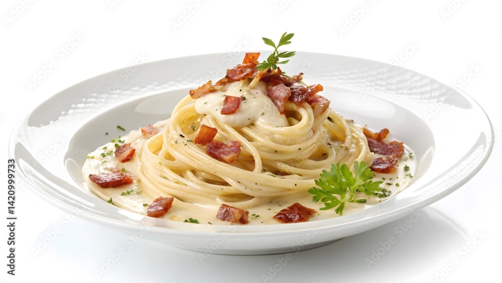 Spaghetti Carbonara: A culinary masterpiece of spaghetti carbonara, a delightful plate with perfectly cooked pasta, creamy sauce, crispy bacon bits, and a sprig of fresh parsley. Spaghetti Carbonara: A culinary masterpiece of spaghetti carbonara, a delightful plate with perfectly cooked pasta, creamy sauce, crispy bacon bits, and a sprig of fresh parsley.