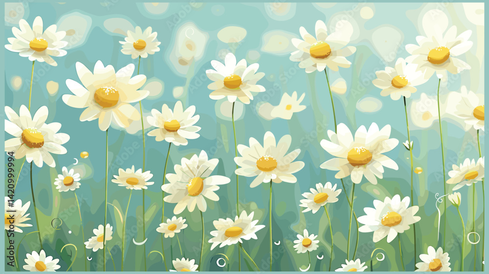 White Daisy Floral Pattern on Soft Blue Blurry Background White Daisy Floral Pattern on Soft Blue Blurry Background