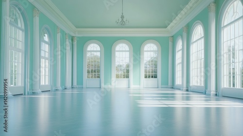 An Elegant Empty Interior Room With Large Windows and Bright Sunlight