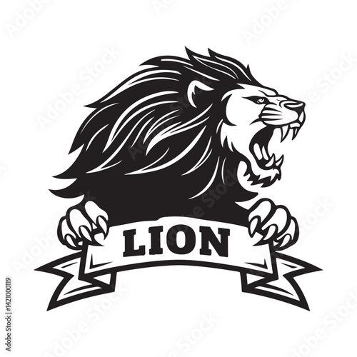 Fierce Roaring Lion Head Logo with Banner.