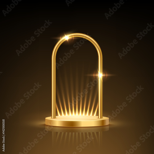 Golden podium with arch on black background. Gold portal. 3d empty award platform with glowing arc and light rays. Abstract vector illustration.
