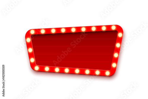 Retro light frame with glowing bulbs on red trapezoid banner. Vintage illuminated signboard with empty space for text. Vector illustration for announcements, shows, sales or event promotion.