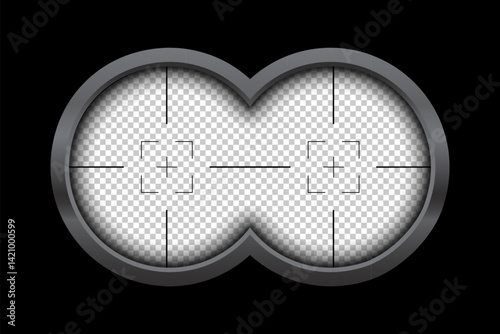Binoculars viewfinder overlay on transparent background. Spy POV. Circular dual lens with crosshair marks and focus frame. Military, hunting or spy optical instrument. Realistic vector illustration.