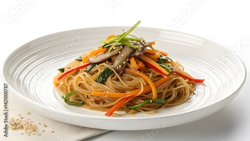 Delectable Japchae: A vibrant close-up of japchae, a colorful korean glass noodle dish, showcasing meticulously arranged ingredients, each strand of glass noodle, vegetable.