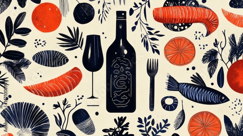 Whimsical illustration showcases food and wine in a patterned design