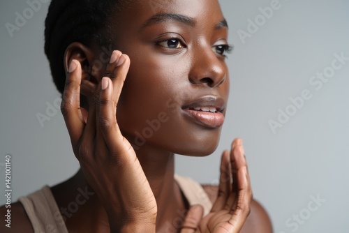 Beautiful black woman touching her flawless skin