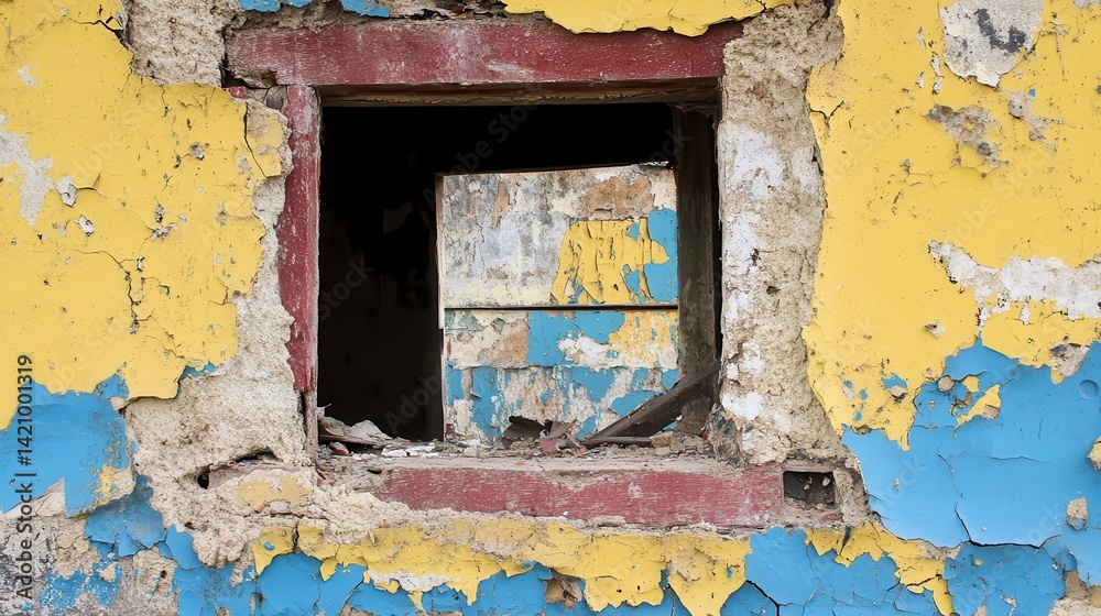 Naklejka premium Ruined building's window, peeling paint, urban decay